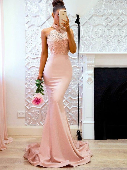 Trumpet/Mermaid Sweep/Brush Halter Train Sleeveless Lace Charmeuse Dresses