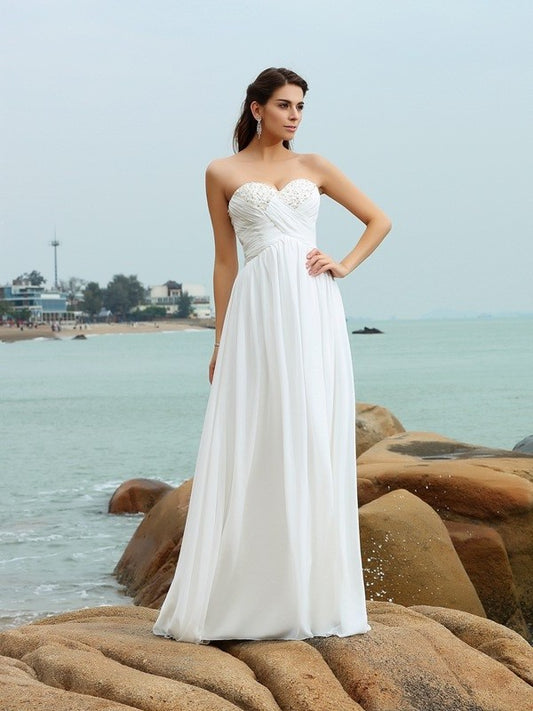 Chiffon Sleeveless Long Sweetheart A-Line/Princess Beading Beach Wedding Dresses