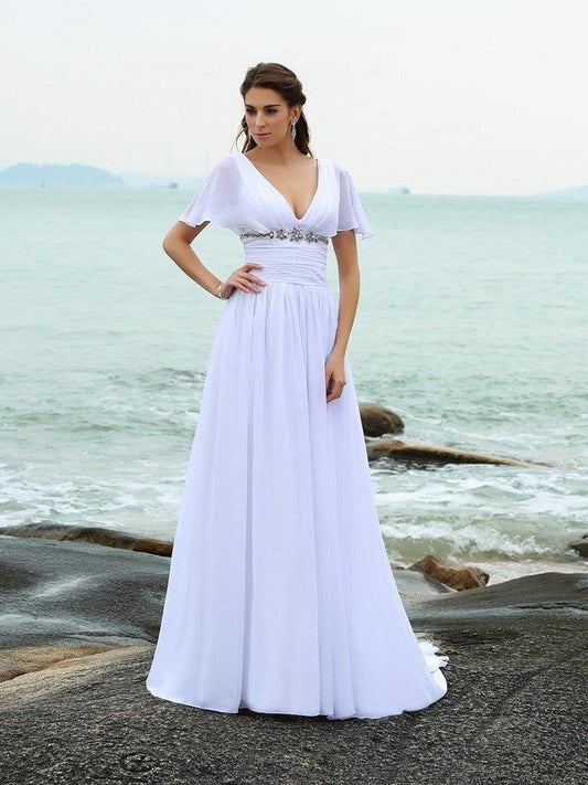 Ruffles Sleeves Long A-Line/Princess Short V-neck Chiffon Beach Wedding Dresses