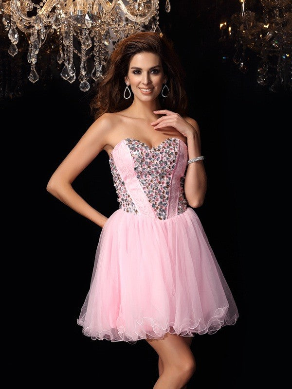 A-Line/Princess Sweetheart Ruffles Homecoming Dresses Sleeveless Destiny Short Elastic Woven Satin Cocktail Dresses