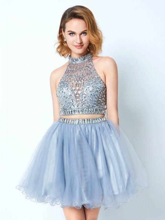 Beading Net A-Line/Princess High Short/Mini Sleeveless Neck Two Piece Dresses