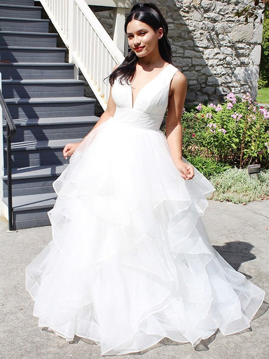 Gown Organza Ruffles V-neck Ball Sleeveless Floor-Length Wedding Dresses