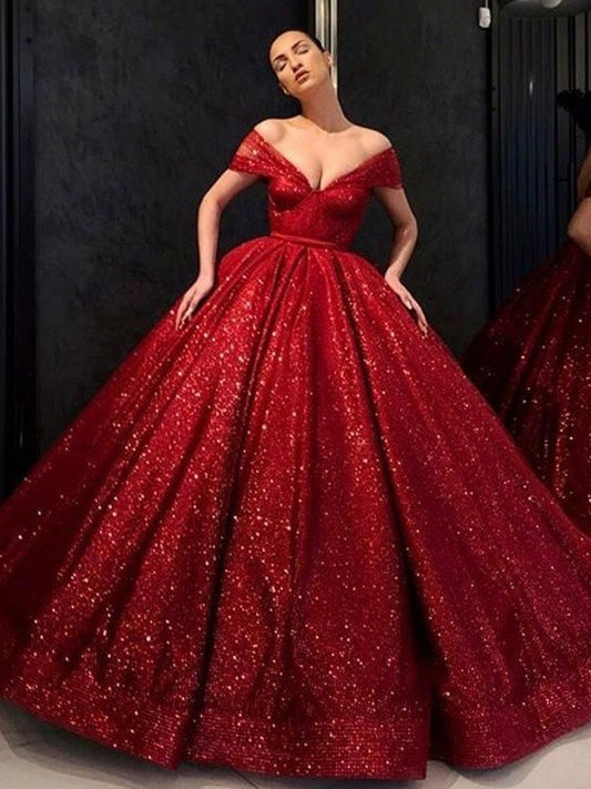 Off-the-Shoulder Sequins Gown Ruffles Ball Sleeveless Floor-Length Dresses