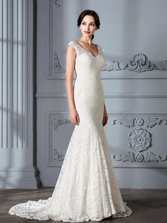 Sweep/Brush Trumpet/Mermaid Lace Sleeveless V-Neck Train Wedding Dresses