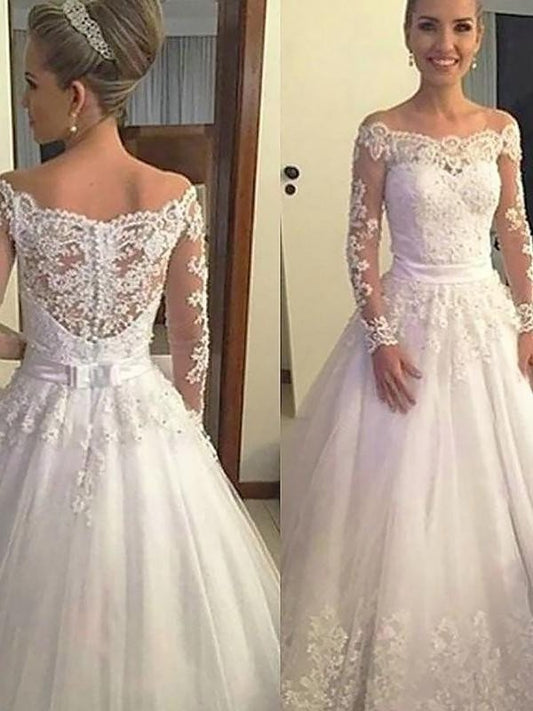 Long Tulle Gown Off-the-Shoulder Ball Applique Sleeves Court Train Wedding Dresses