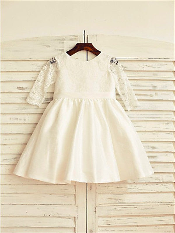 Lace Sleeves A-line/Princess Long Tea-Length Jewel Satin Flower Girl Dresses