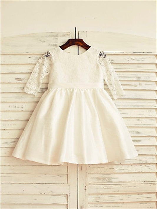 Lace Sleeves A-line/Princess Long Tea-Length Jewel Satin Flower Girl Dresses