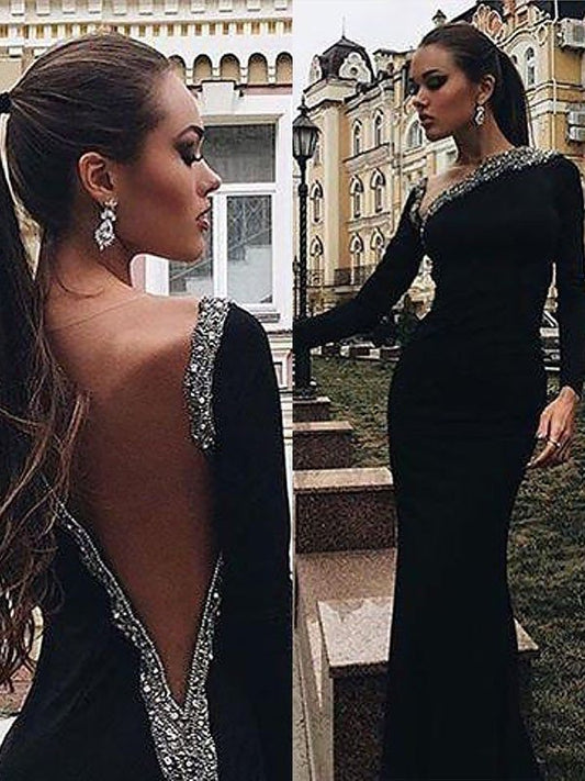 Sleeves Spandex Trumpet/Mermaid Long Beading One-Shoulder Sweep/Brush Train Dresses