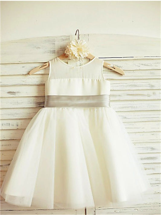 Bowknot A-line/Princess Tea-Length Scoop Sleeveless Tulle Flower Girl Dresses