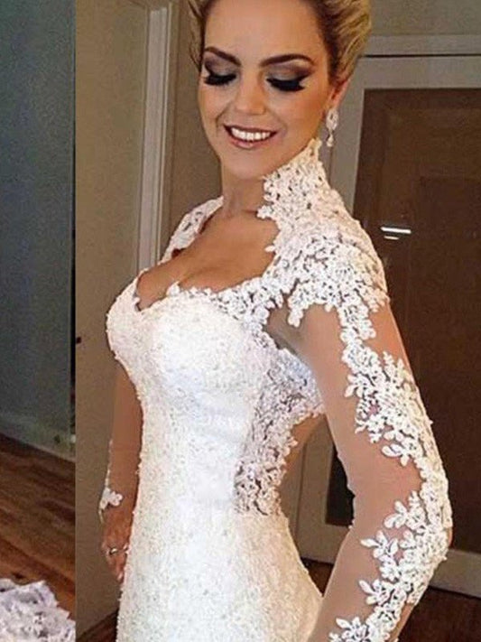 Trumpet/Mermaid Sleeves Long Applique V-neck Train Sweep/Brush Lace Wedding Dresses