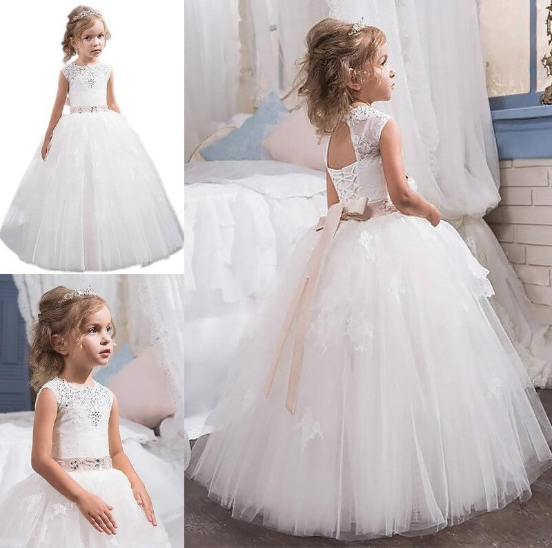 Tulle Gown Crystal Floor-Length Sleeveless Ball Jewel Flower Girl Dresses