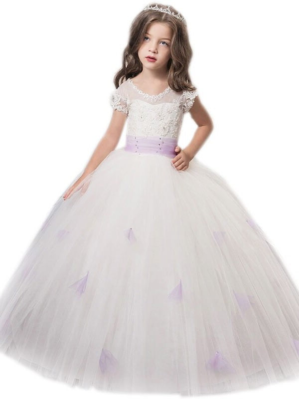 Ball Tulle Short Jewel Sleeves Sash/Ribbon/Belt Gown Floor-Length Flower Girl Dresses