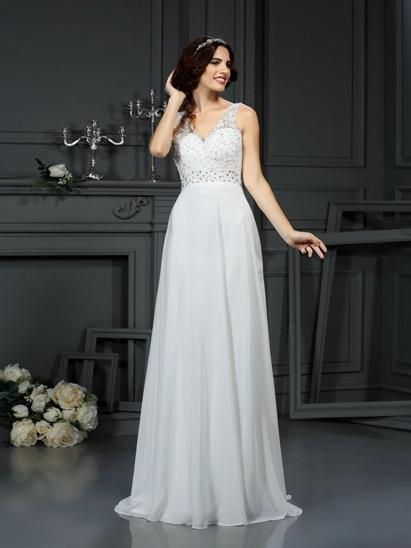 Lace Long V-neck Sleeveless A-Line/Princess Chiffon Wedding Dresses