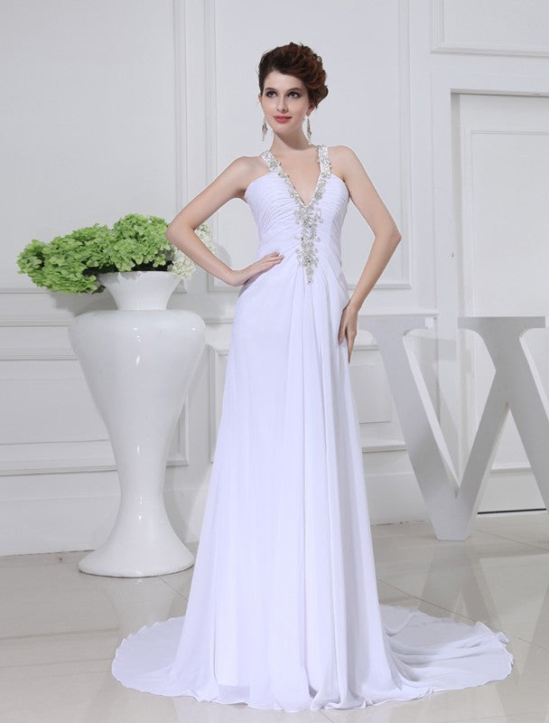 Sleeveless A-Line/Princess V-neck Beading Chiffon Wedding Dresses