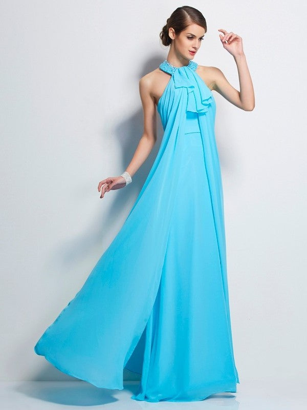 Beading Halter Sleeveless Sheath/Column Long Chiffon Dresses