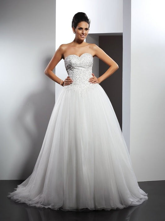 Sleeveless Sweetheart A-Line/Princess Long Applique Net Wedding Dresses