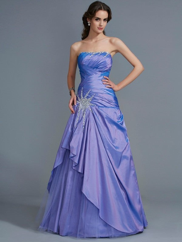 Strapless Beading Ball Long Sleeveless Gown Taffeta Quinceanera Dresses