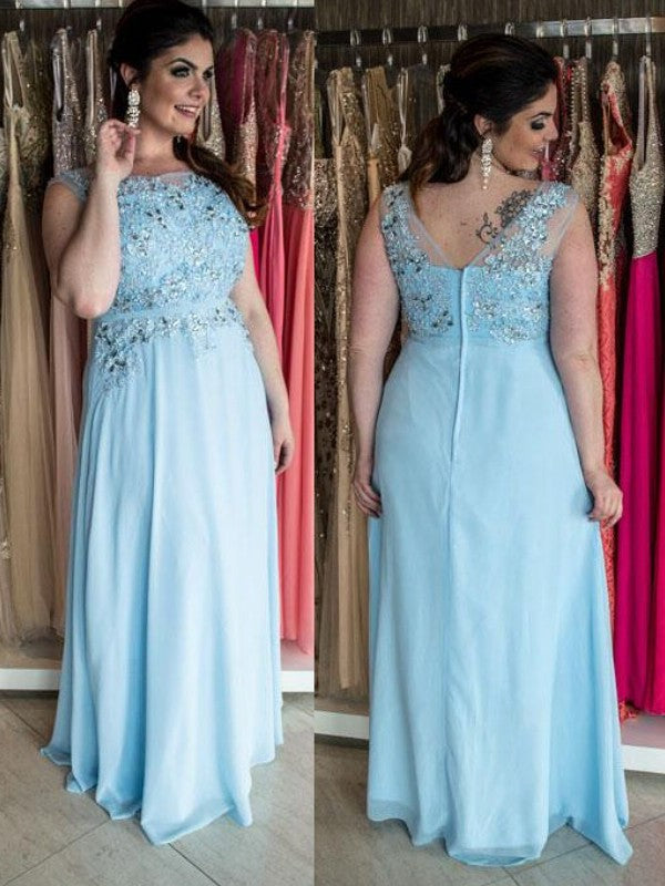 A-Line/Princess Chiffon Sleeveless Floor-Length Bateau Beading Plus Size Dresses