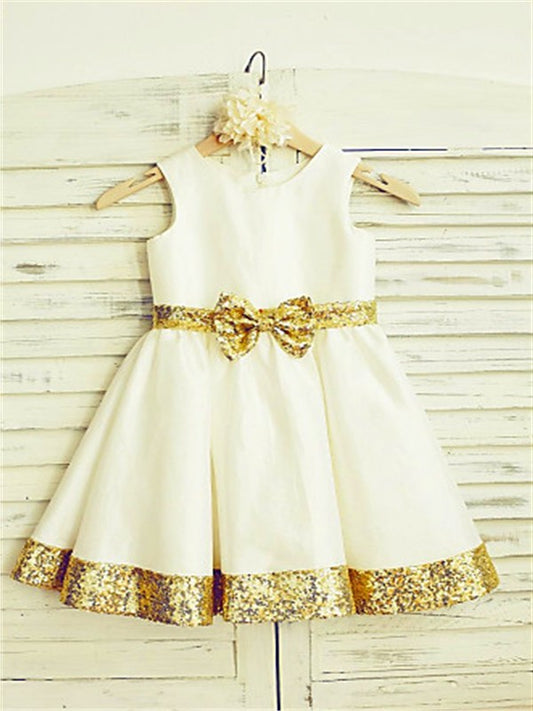 Sleeveless Satin Scoop Tea-Length Sequin A-line/Princess Flower Girl Dresses