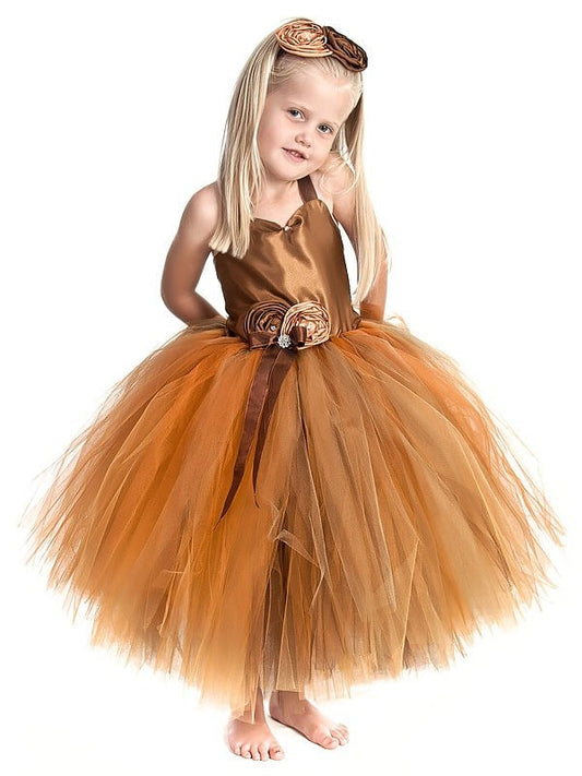 Tulle Gown Flower Sleeveless Tea-Length Hand-Made Ball Straps Flower Girl Dresses