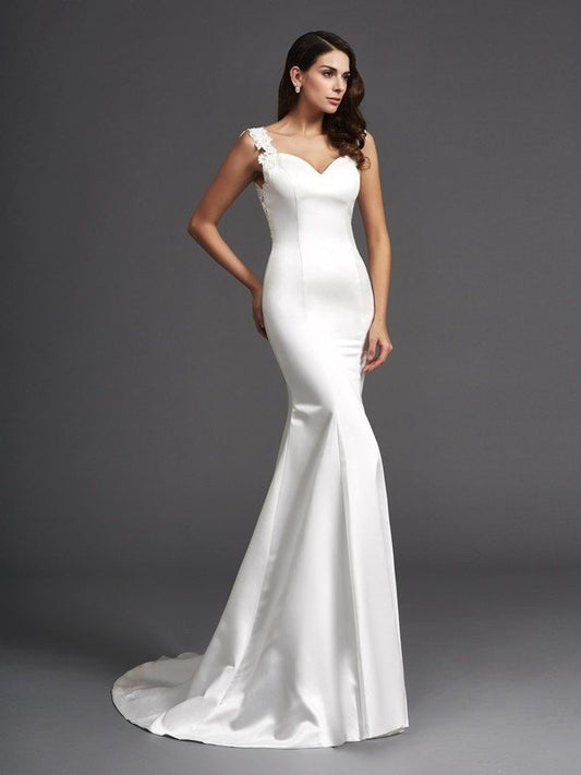 Long Straps Beading Trumpet/Mermaid Sleeveless Satin Wedding Dresses