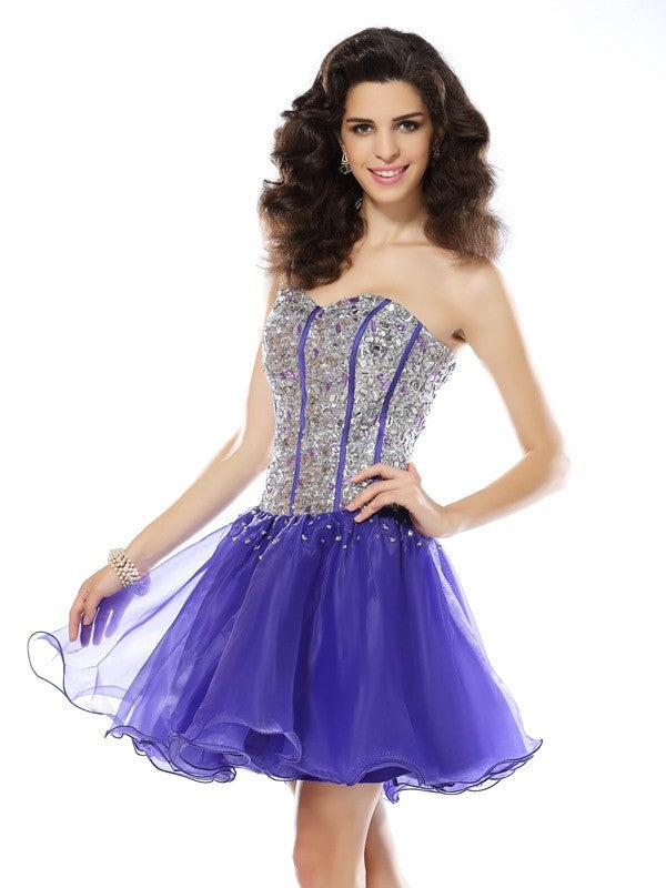 A-Line/Princess Sweetheart Beading Sleeveless Short Organza Homecoming Dresses Cocktail Dresses Emely