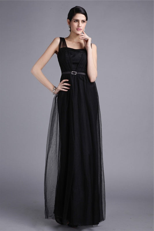 Sash Sleeveless Straps Sheath/Column Long Net Dresses