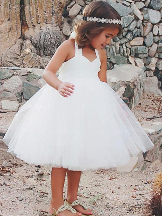 A-Line/Princess Halter Sleeveless Tulle Ruffles Tea-Length Flower Girl Dresses