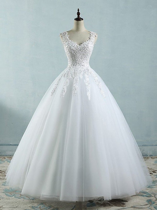 Sweetheart Ball Applique V-neck Gown Sleeveless Floor-Length Tulle Wedding Dresses