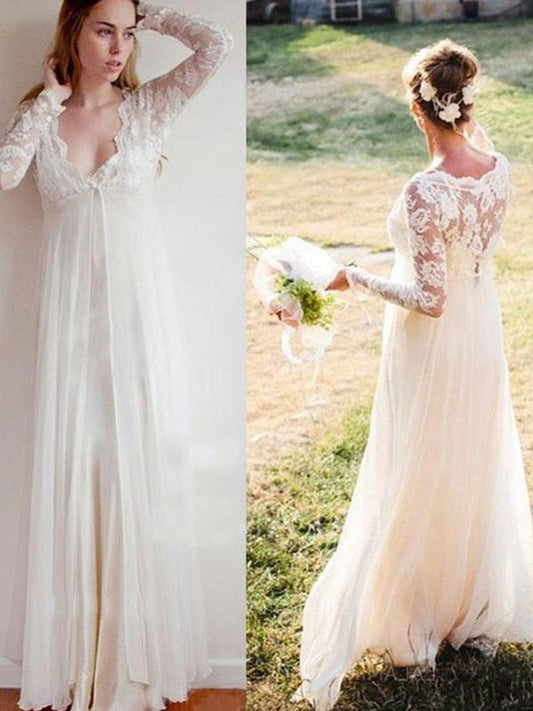 V-neck Floor-Length Sleeves long Lace Empire Chiffon Wedding Dresses