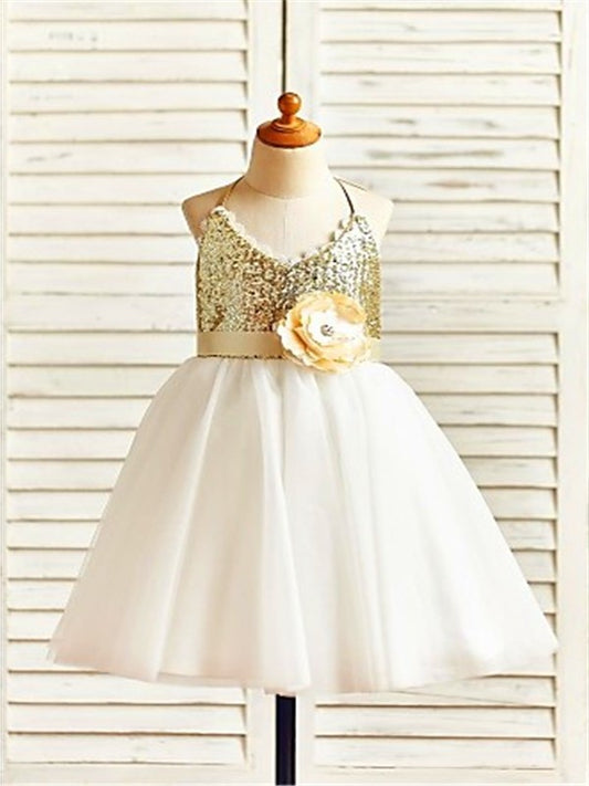 Sequin A-line/Princess Tulle Sleeveless Tea-Length Halter Flower Girl Dresses