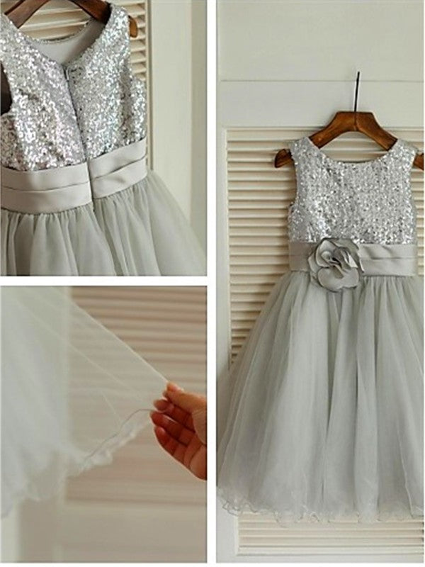 Sleeveless Tea-Length Sequin A-line/Princess Scoop Tulle Flower Girl Dresses