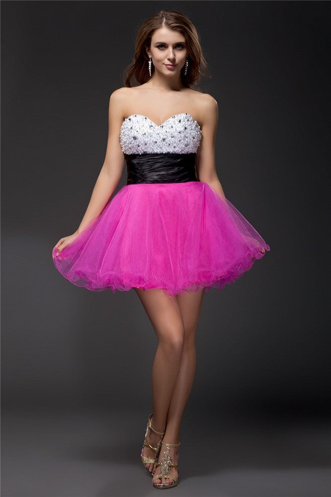 A-Line/Princess Sweetheart Beading Sash Sleeveless Short Zoey Homecoming Dresses Organza Elastic Woven Satin Cocktail Dresses