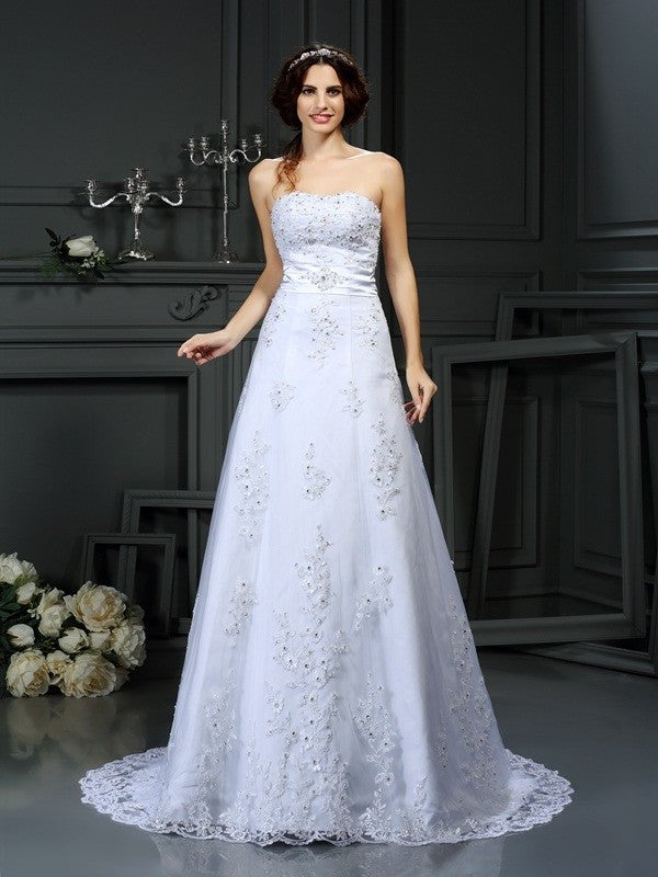 A-Line/Princess Long Strapless Applique Sleeveless Satin Wedding Dresses