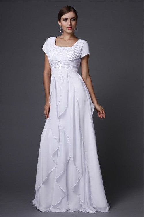 Short Ruffles A-Line/Princess Neck Sleeves Square Long Chiffon Dresses