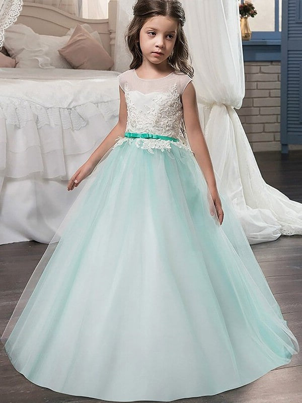 Sash/Ribbon/Belt Gown Floor-Length Tulle Jewel Sleeveless Ball Flower Girl Dresses