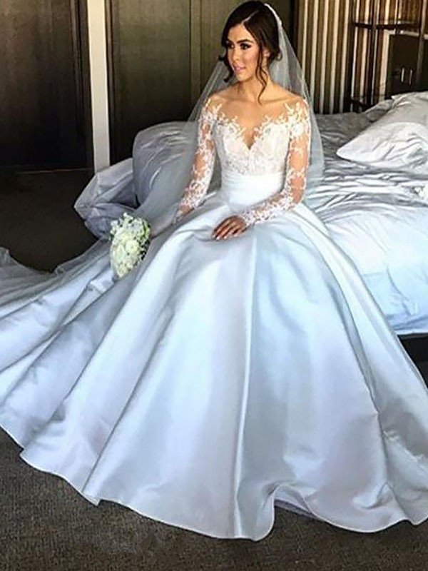 Sleeves Satin Long Ball Court Gown Train Wedding Dresses