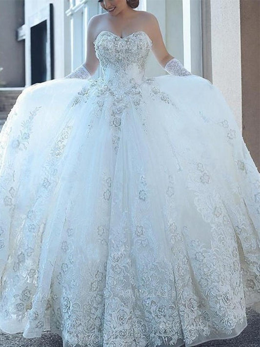 Gown Cathedral Applique Ball Sleeveless Tulle Sweetheart Train Wedding Dresses