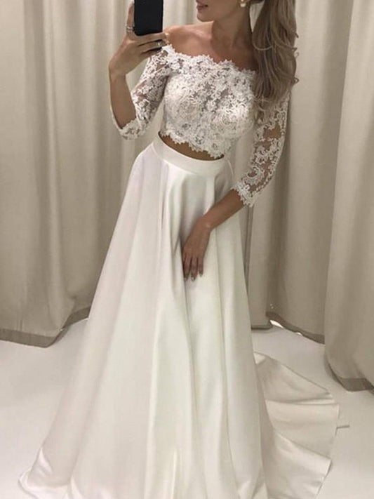 Court Sleeves Off-the-Shoulder 3/4 Train Applique A-Line/Princess Satin Wedding Dresses