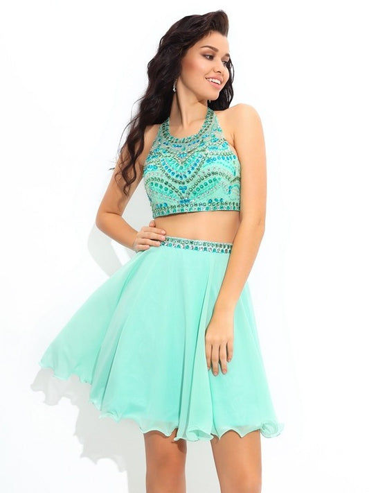 Chiffon A-Line/Princess Sheer Short Sleeveless Neck Rhinestone Two Piece Dresses