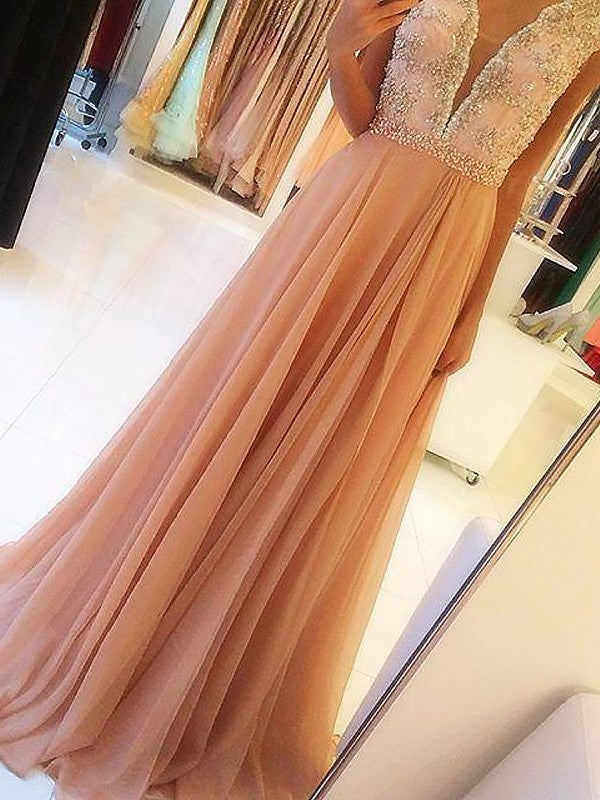 V-neck Sleeveless A-Line/Princess Beading Chiffon Sweep/Brush Train Dresses