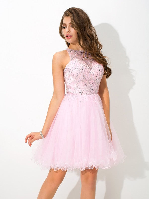 A-Line/Princess Sheer Homecoming Dresses Neck Beading Sleeveless Short Abagail Net Cocktail Dresses