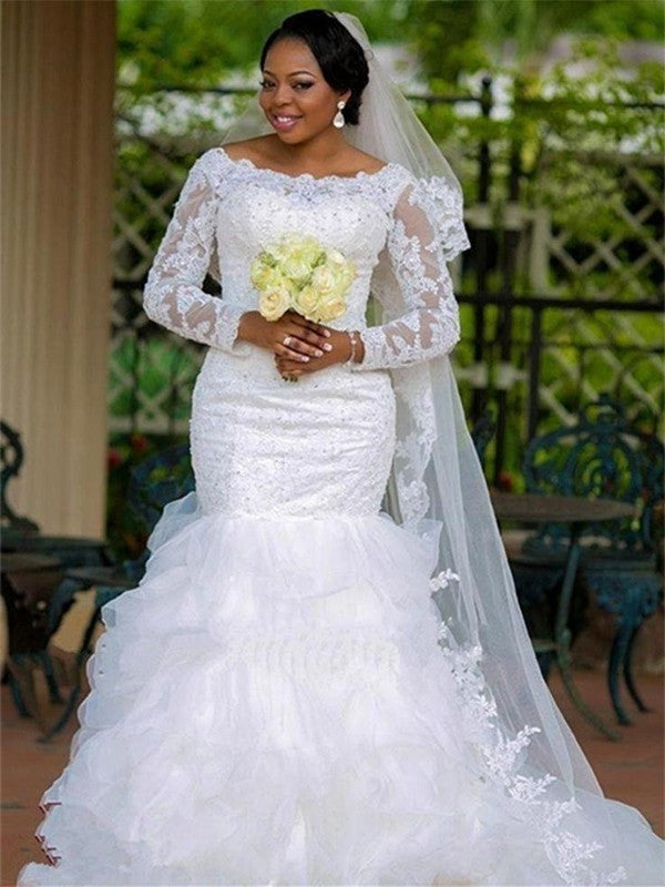 Chapel Sleeves Applique Organza Square Long Trumpet/Mermaid Train Wedding Dresses