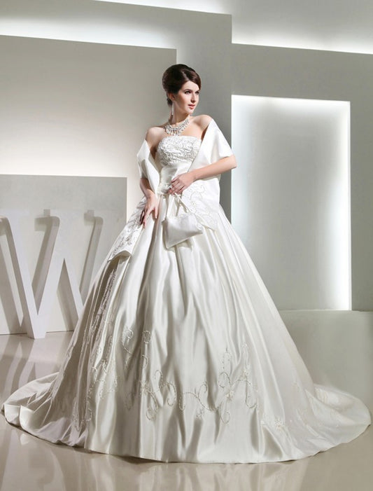 Sleeveless Long Gown Strapless Beading Ball Satin Wedding Dresses