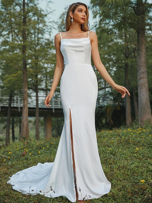 Charmeuse Straps Ruched Spaghetti Sheath/Column Sweep/Brush Sleeveless Train Wedding Dresses