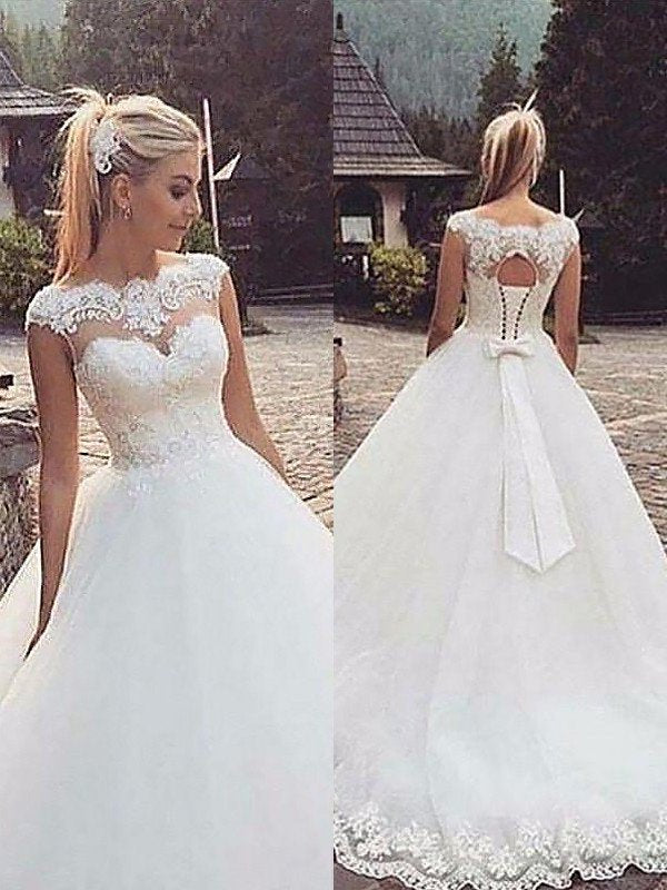 Gown Ball Court Sleeveless Bateau Lace Tulle Train Wedding Dresses