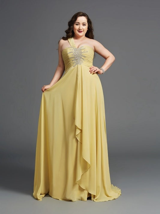 Chiffon Rhinestone A-Line/Princess Long Sleeveless One-Shoulder Plus Size Dresses