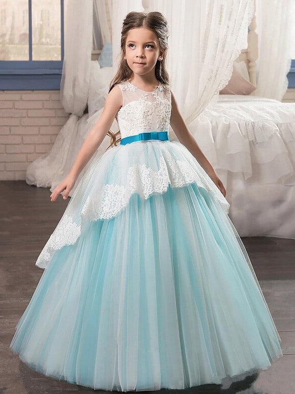 Gown Floor-Length Tulle Sleeveless Ball Sash/Ribbon/Belt Jewel Flower Girl Dresses