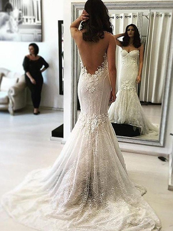 Train Sweep/Brush Sweetheart Lace Trumpet/Mermaid Sleeveless Wedding Dresses