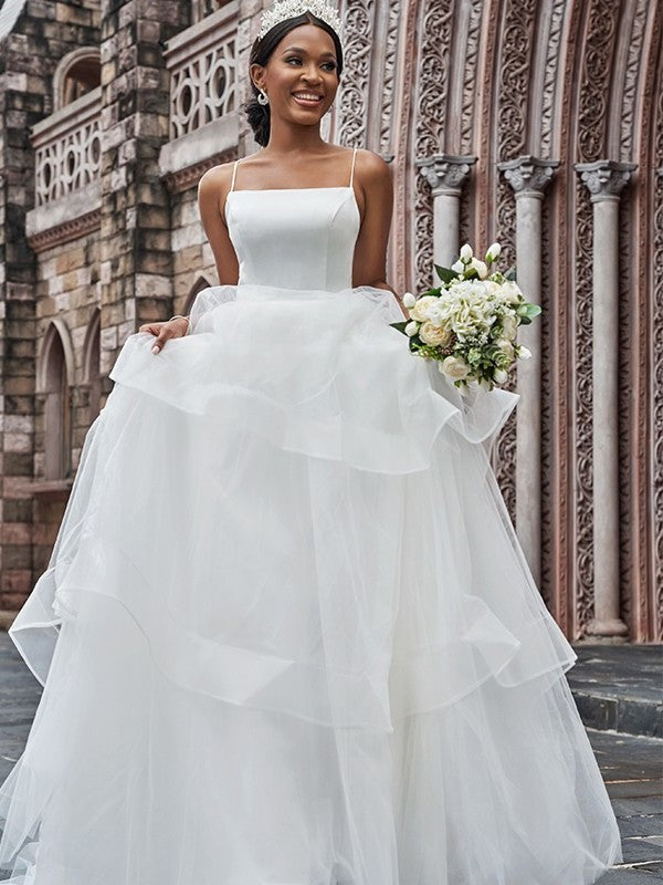 Ruffles Sweep/Brush Spaghetti Straps Sleeveless A-Line/Princess Tulle Train Wedding Dresses